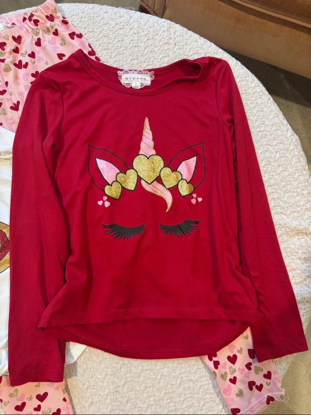 btween Girls' Unicorn Pajama Set - Red, White & Pink - Picture 2 of 10